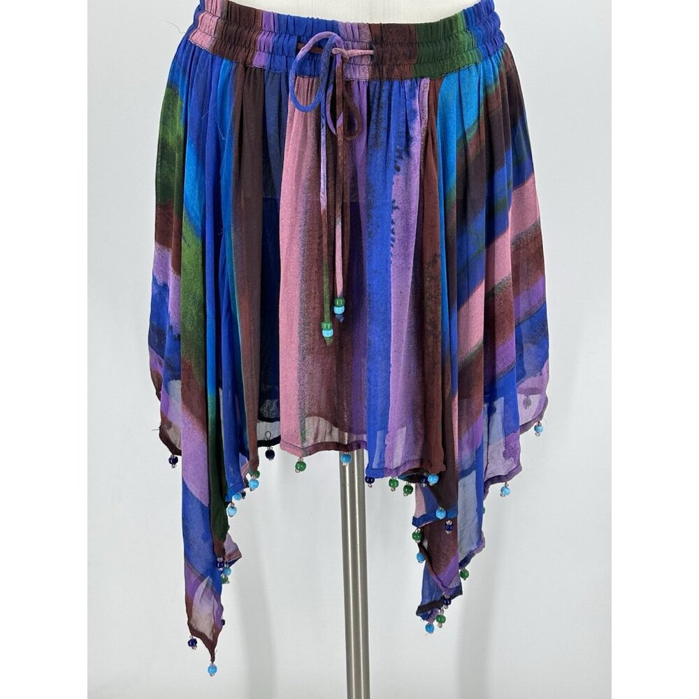 NWT ZARA Skirt Beaded Boho Elastic Waist Flowing Blue Festival Scarf Hem Small